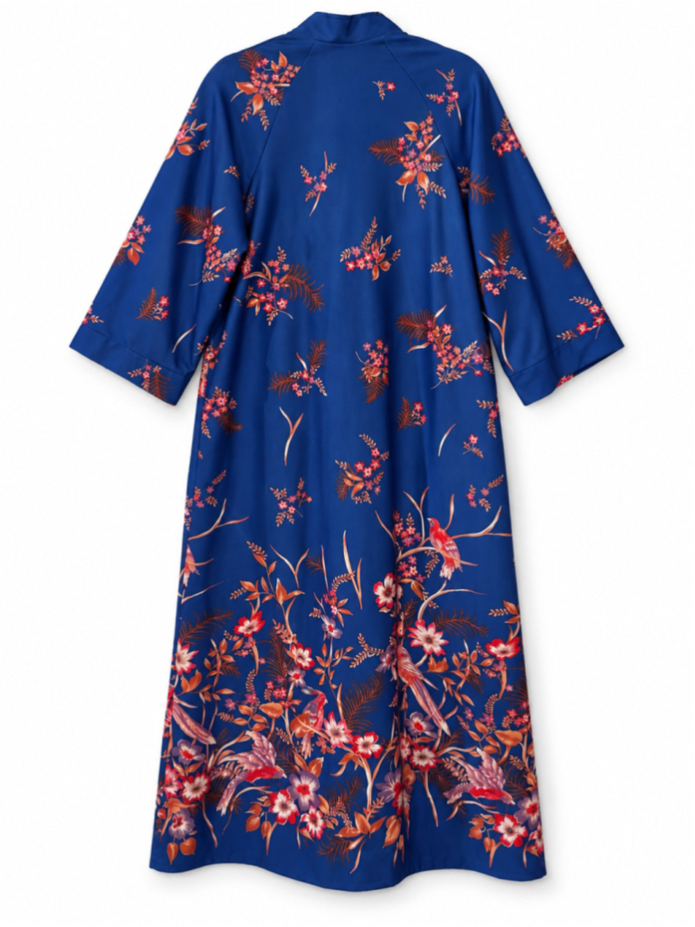 Vintage T V Lounger Blue Floral Bird Print Maxi Robe Caftan House Dress Medium - Picture 3 of 5